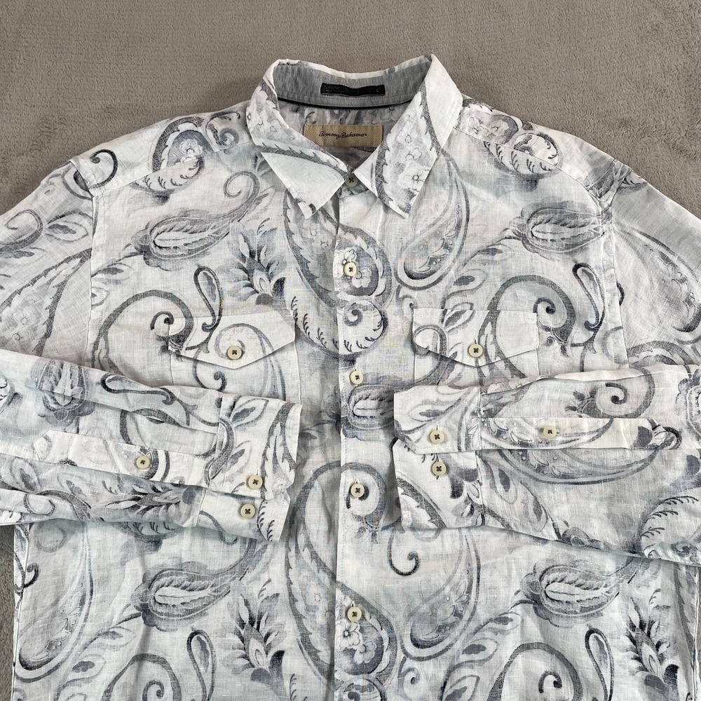 Tommy Bahama Shirt Men Medium White Black Paisleys AOP 100% Linen Roll Tab‎ NWOT